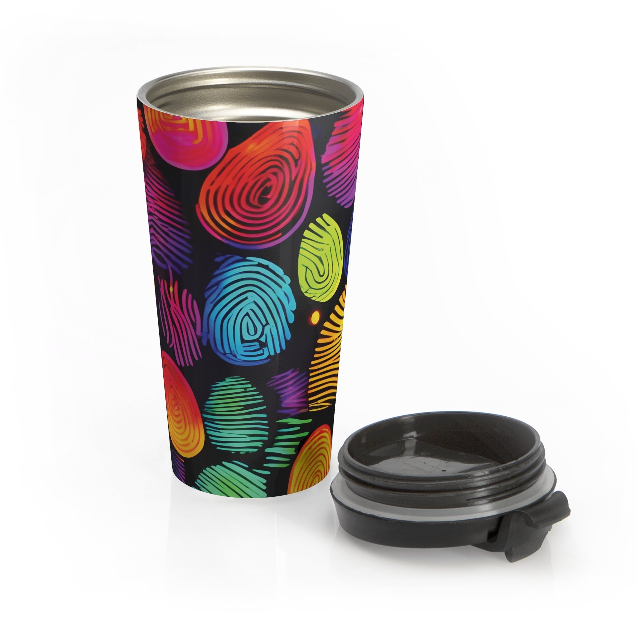 Rainbow Fingerprint Pattern Travel Mug | Colorful Swirl Stainless Steel