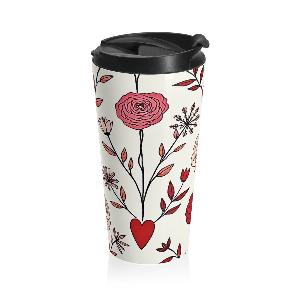 Hand-Drawn Red Heart Floral Stainless Steel Travel Mug | Valentine Pattern