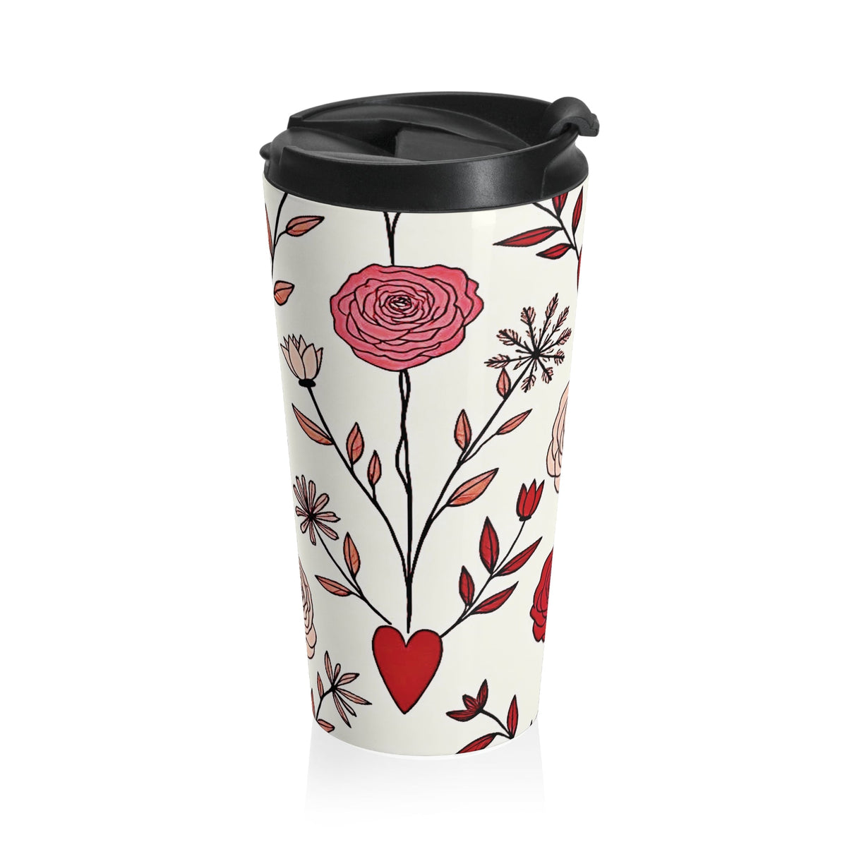 Hand-Drawn Red Heart Floral Stainless Steel Travel Mug | Valentine Pattern