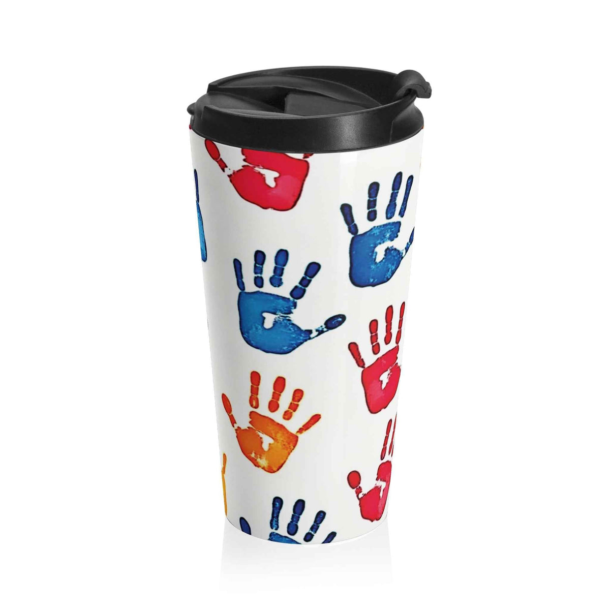 Colorful Handprint Stainless Steel Travel Mug — Kids Art Pattern, Spill‑Resistant Coffee Tumbler