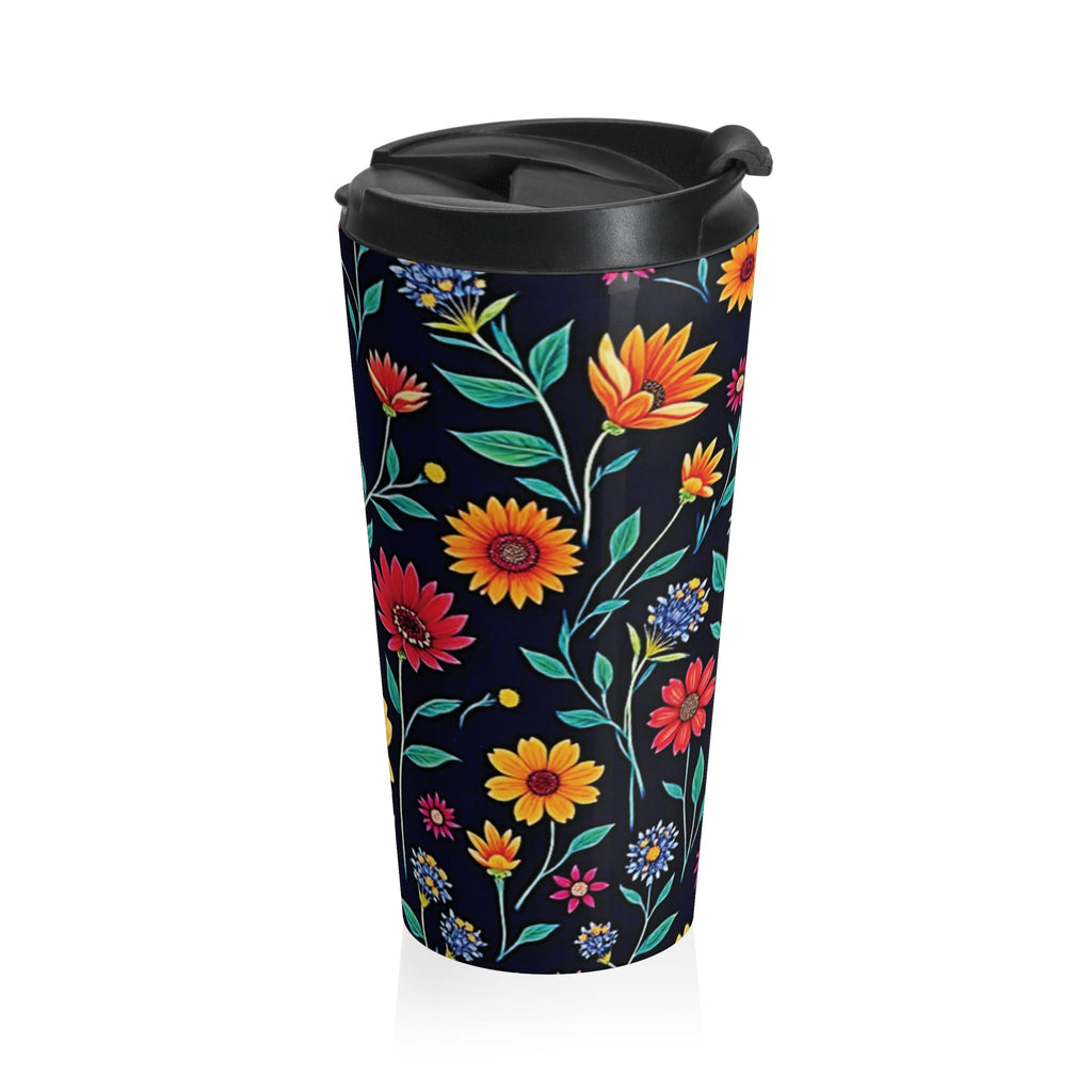 Colorful Floral Pattern Stainless Steel Travel Mug | Black Background