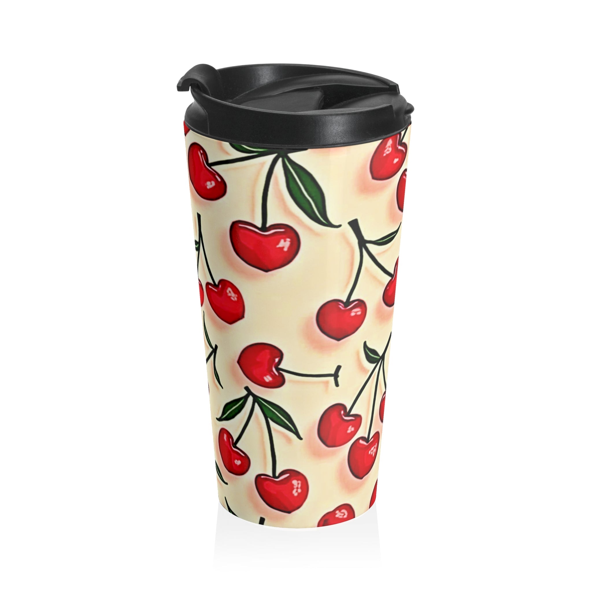 Cherry Pattern Stainless Steel Travel Mug — Retro Red Cherries Thermal Tumbler