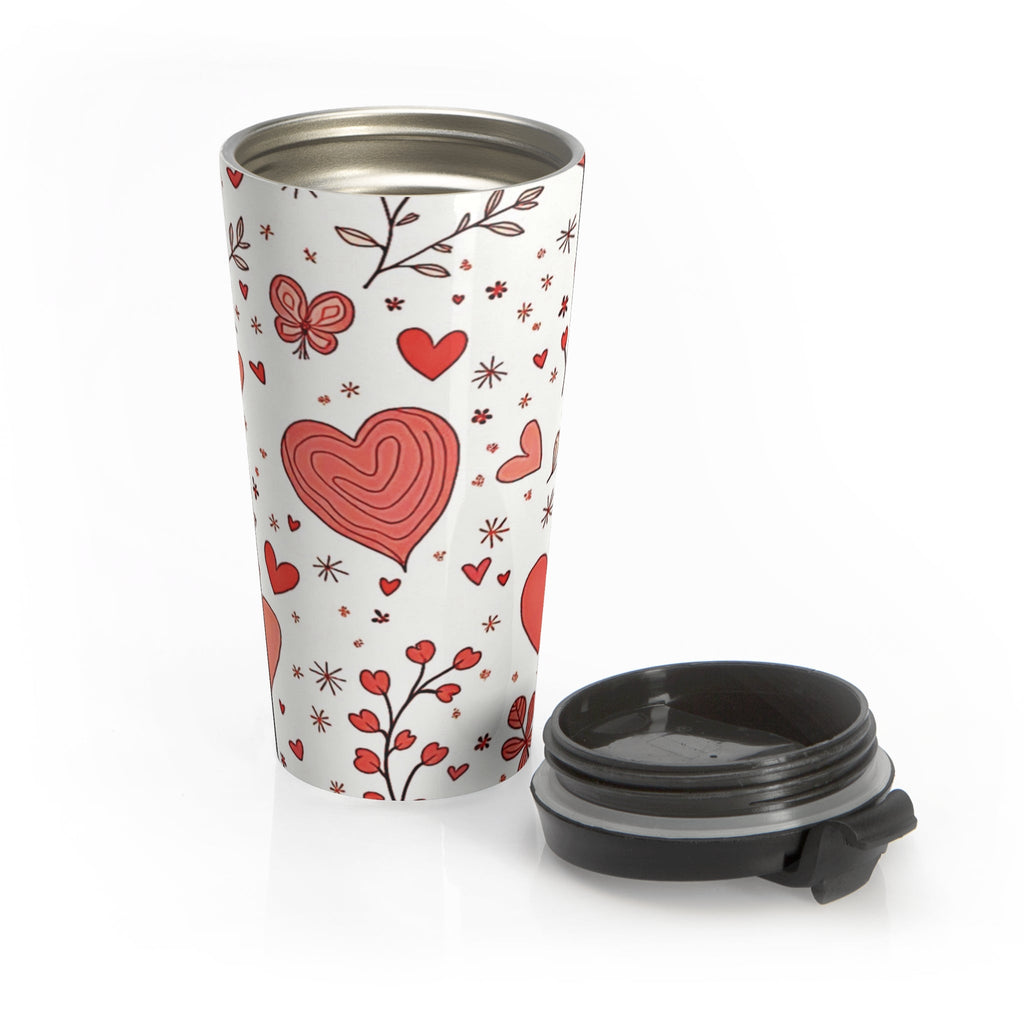 Hand-Drawn Hearts Travel Mug | Valentine Butterfly Floral Stainless Steel