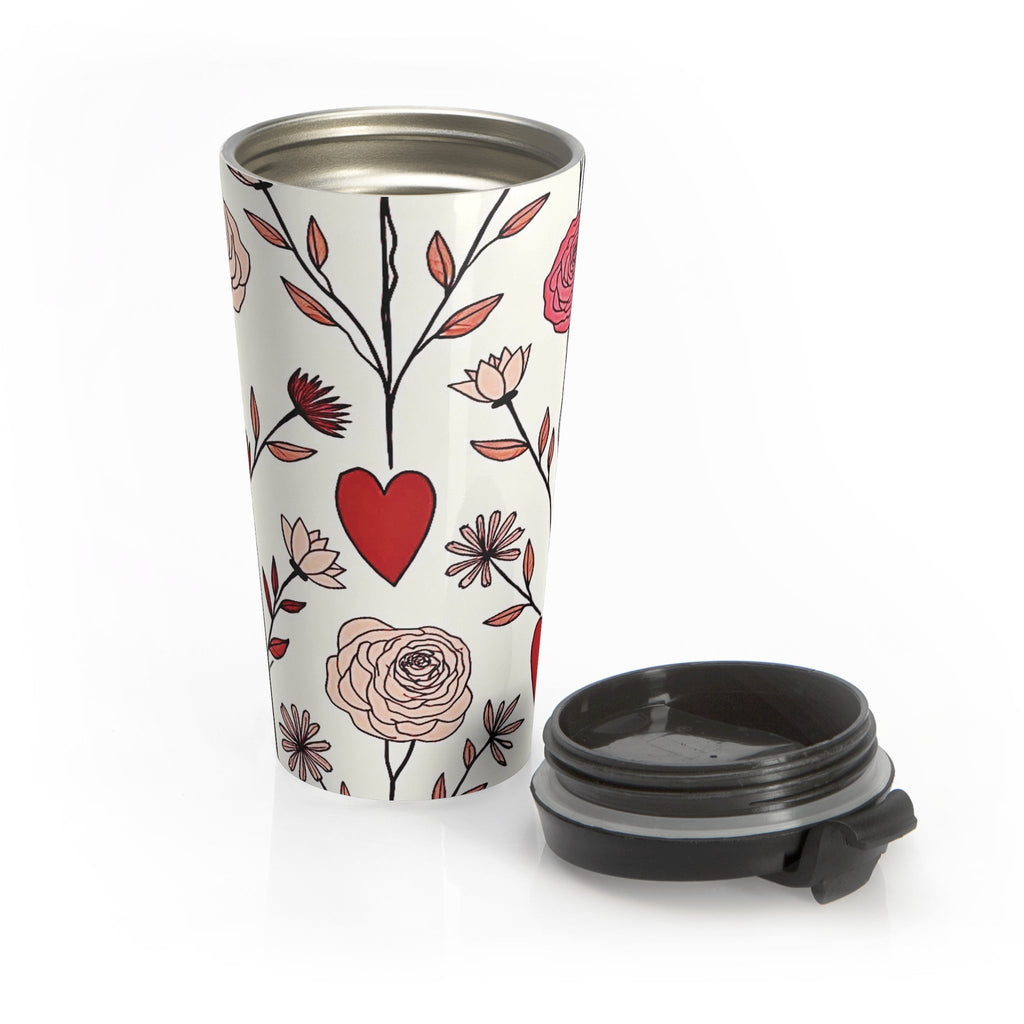 Hand-Drawn Red Heart Floral Stainless Steel Travel Mug | Valentine Pattern