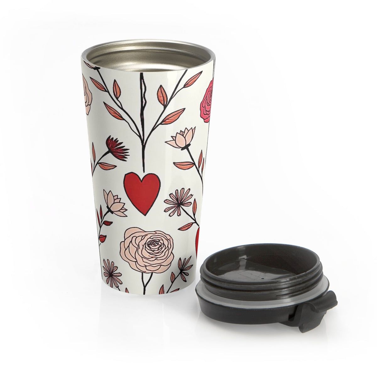 Hand-Drawn Red Heart Floral Stainless Steel Travel Mug | Valentine Pattern