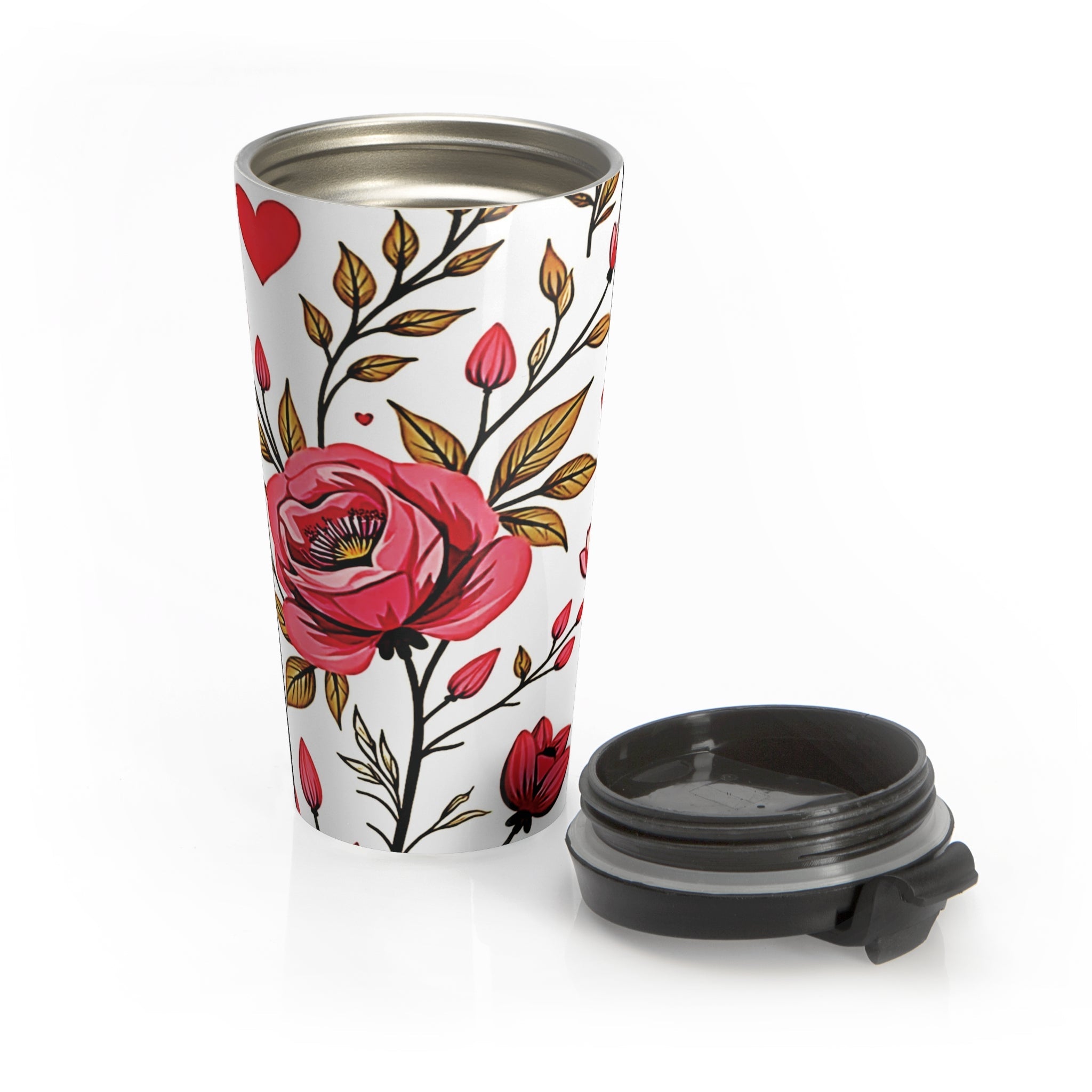 Red Rose Floral Pattern Travel Mug | Stainless Steel Tumbler