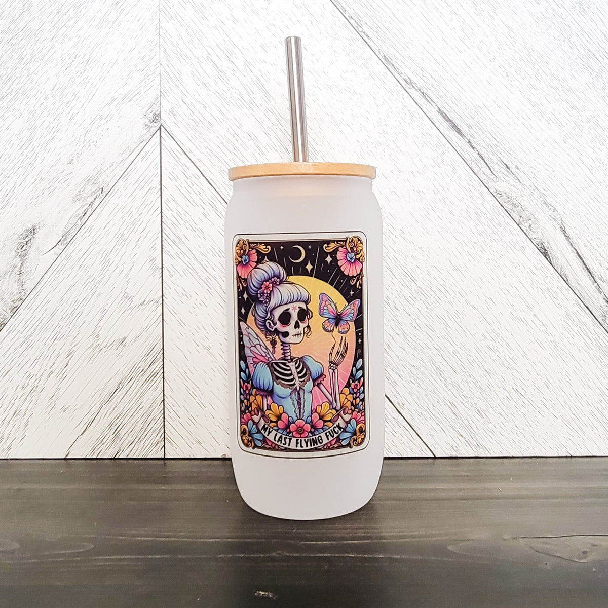 My Last Flying Fuck Frosted Can with Bamboo Lid | Tarot Card Glass Can