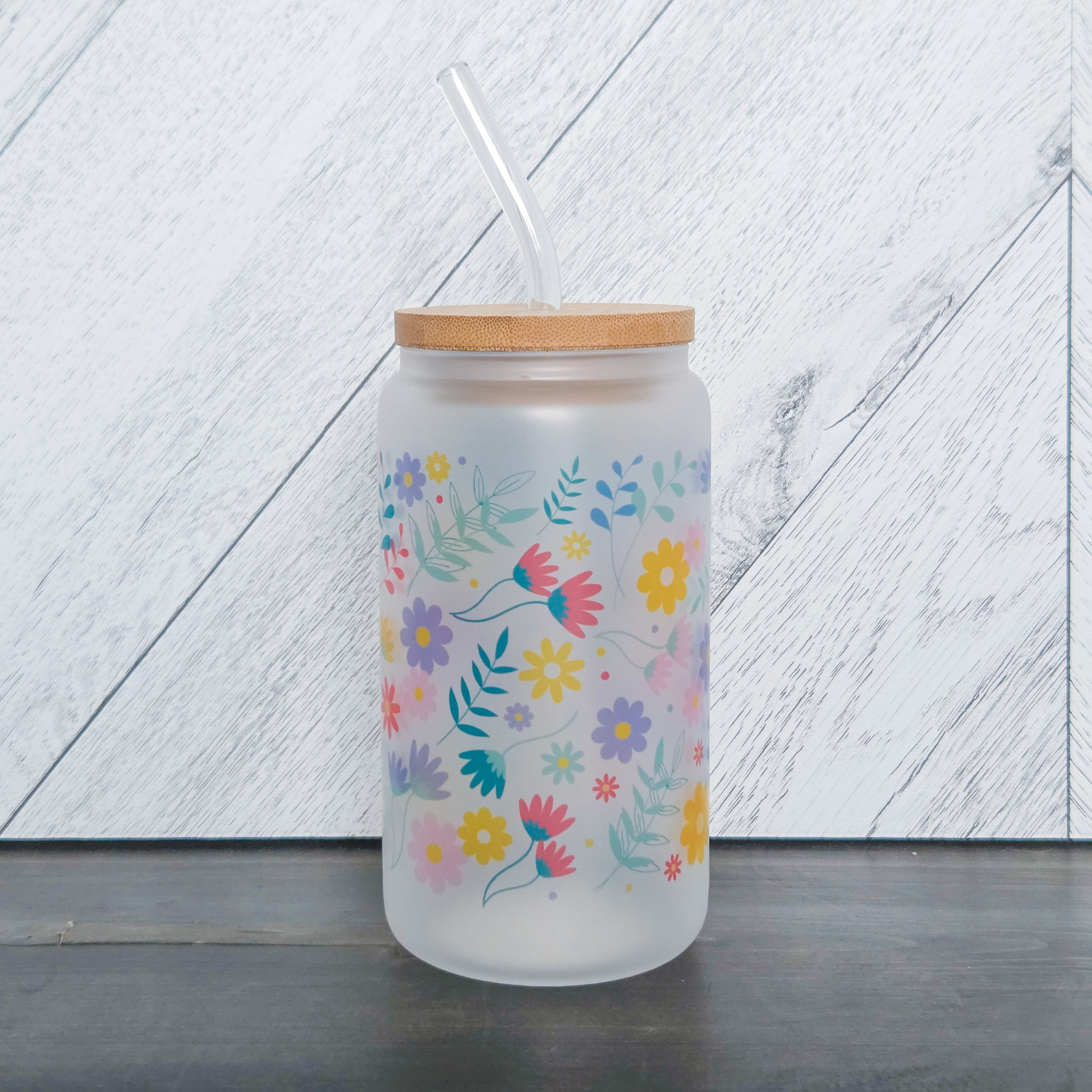 Summer Vibes Flower Frosted Can with Bamboo Lid