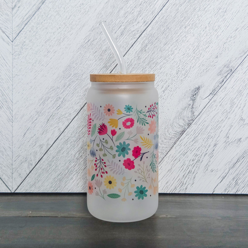 Spring Vibes Flower Frosted Can with Bamboo Lid