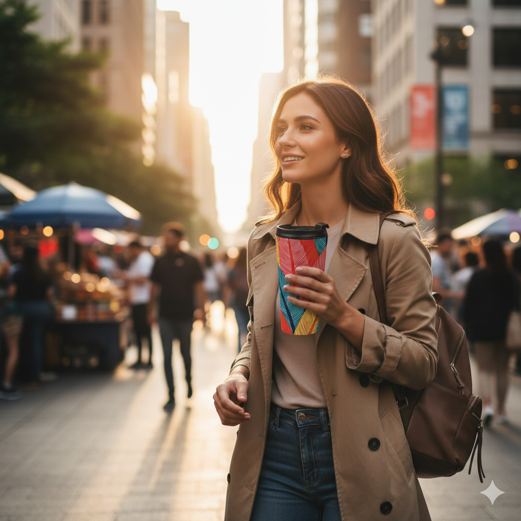 Tropical Feather Stainless Steel Travel Mug — Colorful Leaf Pattern, Insulated Coffee Tumbler