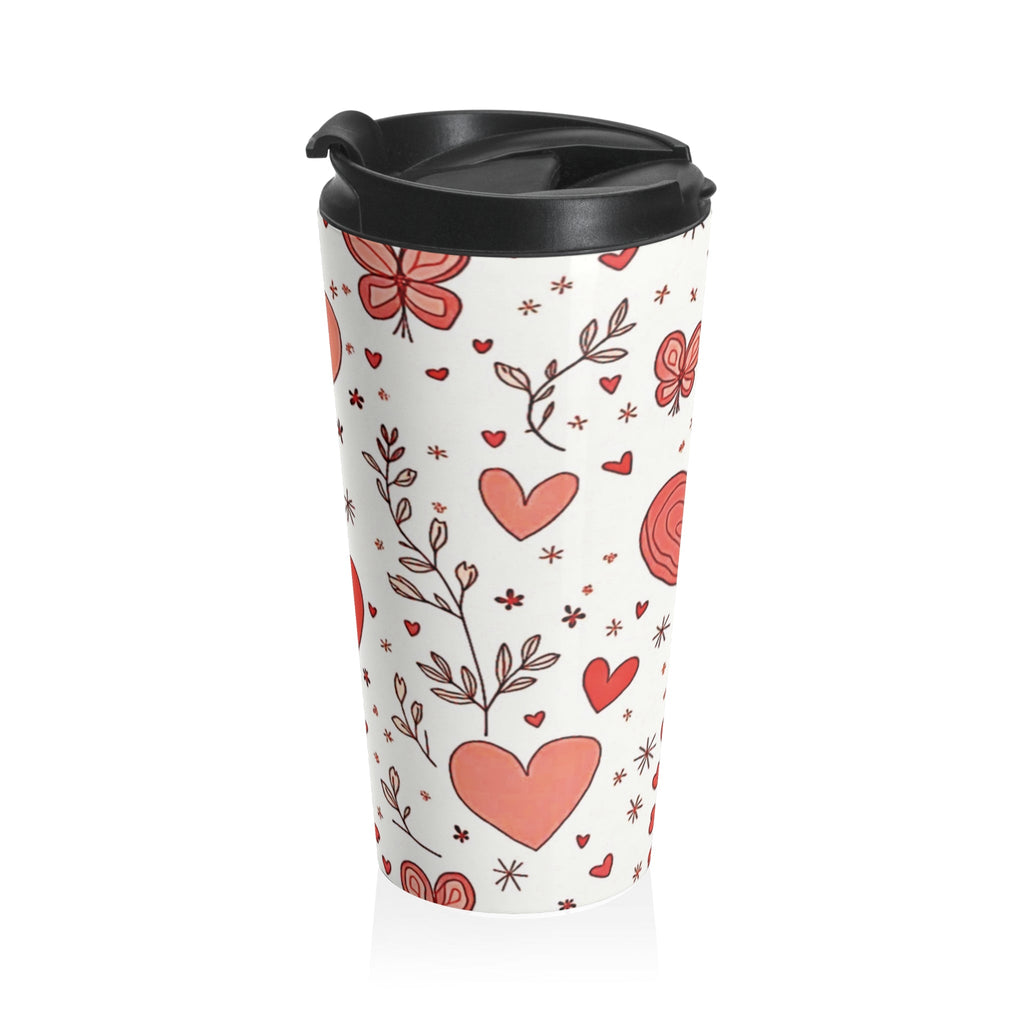 Hand-Drawn Hearts Travel Mug | Valentine Butterfly Floral Stainless Steel