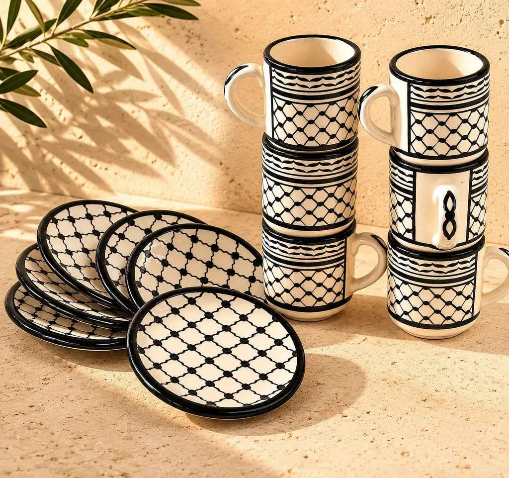 Palestinian Keffiyeh Arabic Coffee Cup Set – 6 Ceramic Cups & Saucers
