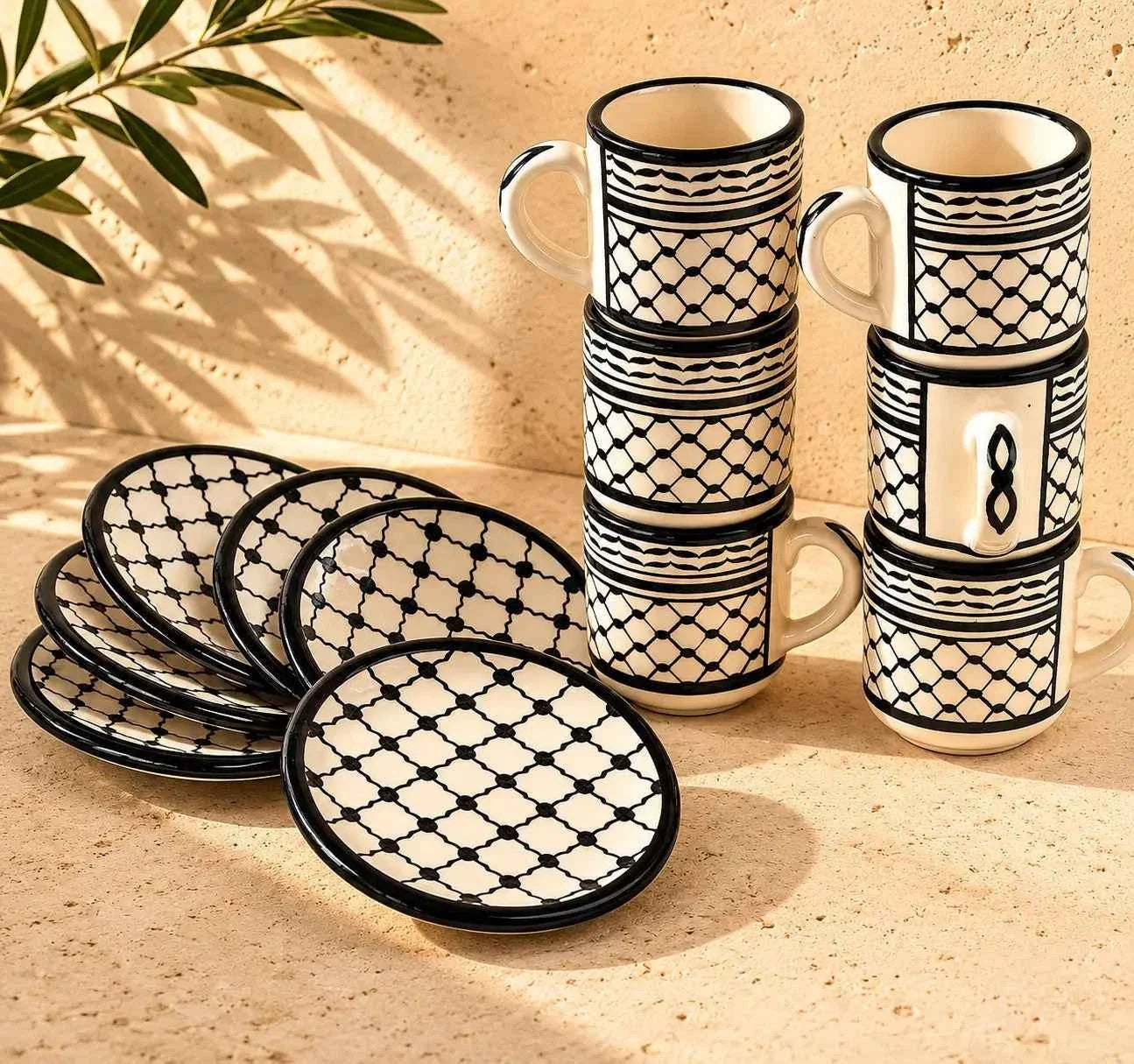 Palestinian Keffiyeh Arabic Coffee Cup Set – 6 Ceramic Cups & Saucers