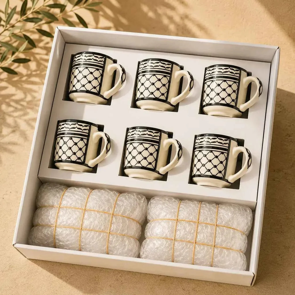 Palestinian Keffiyeh Arabic Coffee Cup Set – 6 Ceramic Cups & Saucers