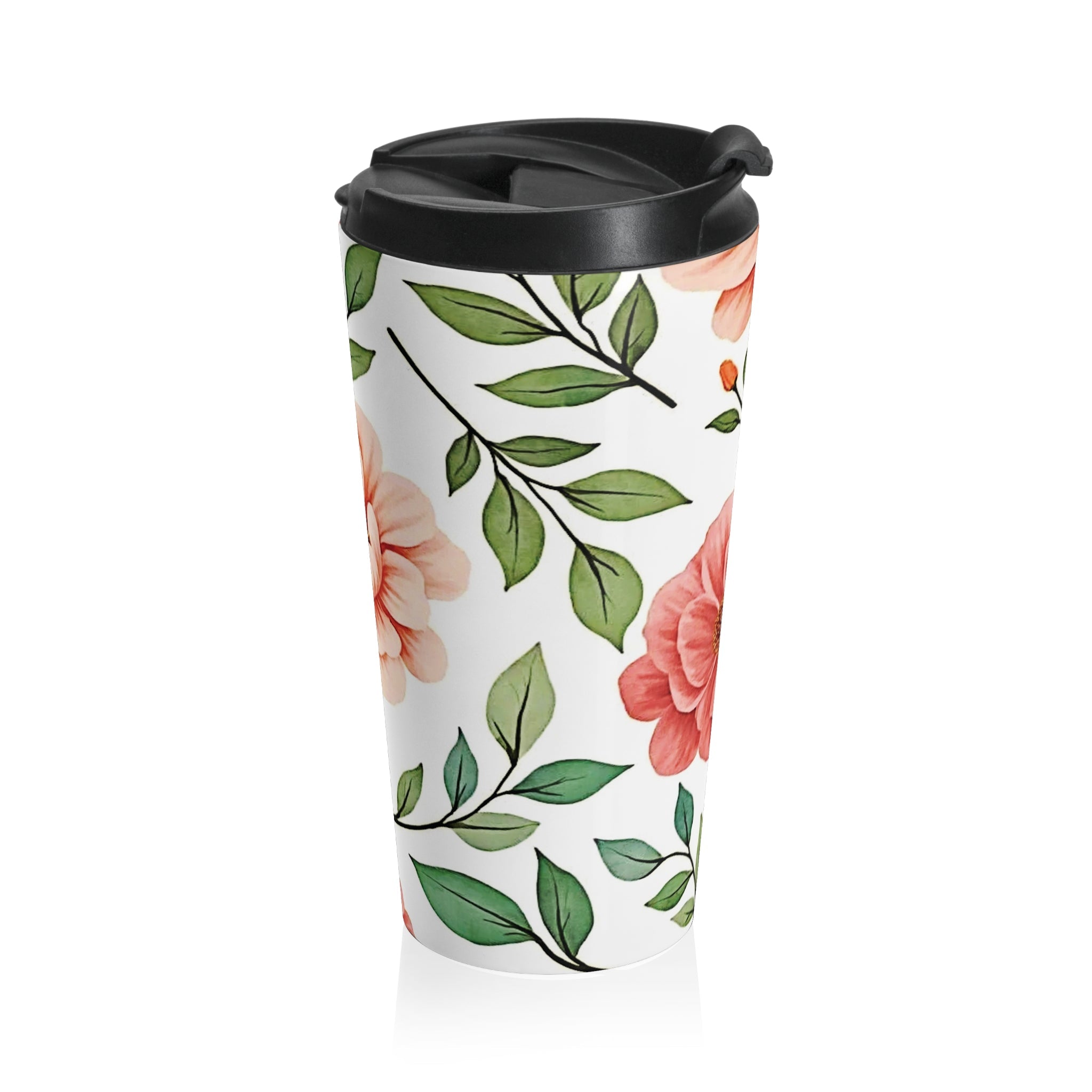 Peach Floral Pattern Stainless Steel Travel Mug | Botanical Leaves