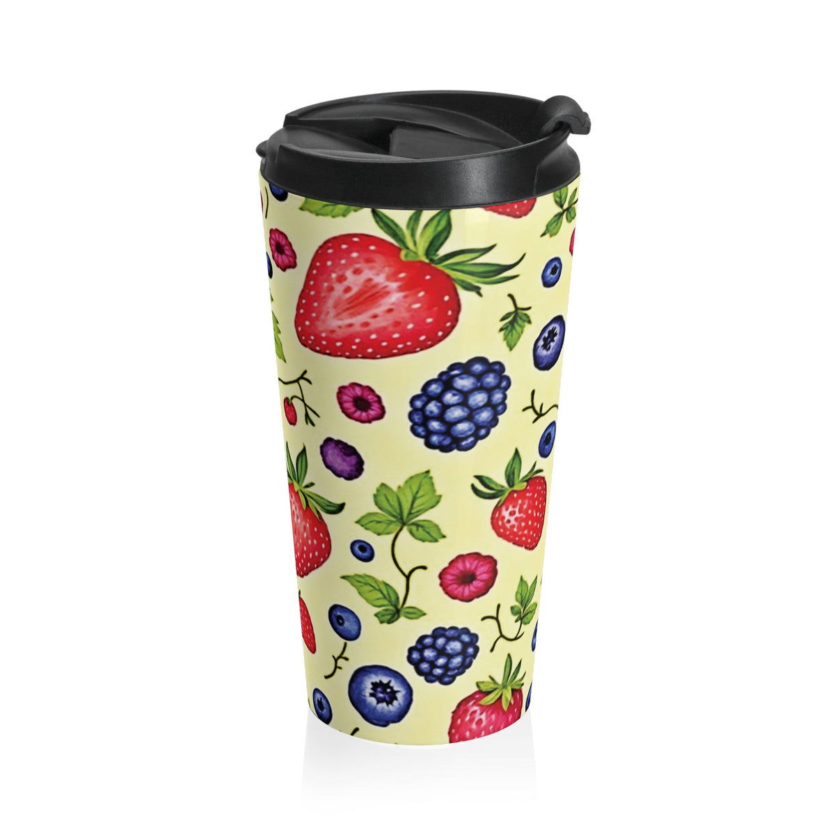 Strawberry & Berry Pattern Stainless Steel Travel Mug — Insulated Fruit Print Tumbler