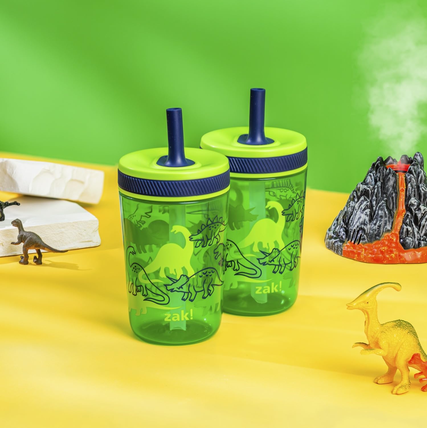 Zak Designs Kelso 15 oz Tumbler Set, (Dino Camo) Non-BPA Leak-Proof Screw-On Lid with Straw Made of Durable Plastic and Silicone, Perfect Toddler Cup Bundle for Kids (2pc Set) 🍁 All In One Marketplace Canada