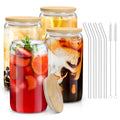 sungwoo Glass Cups with Bamboo Lids and Straws, 16OZ Ice Coffee Cup, Drinking Cup Set with Wooden Lids, Home Essential Glass Tumblers for Beer, Cocktail, Tea and Latte Clear (4) 🍁 All In One Marketplace Canada