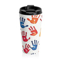 Colorful Handprint Stainless Steel Travel Mug — Kids Art Pattern, Spill‑Resistant Coffee Tumbler