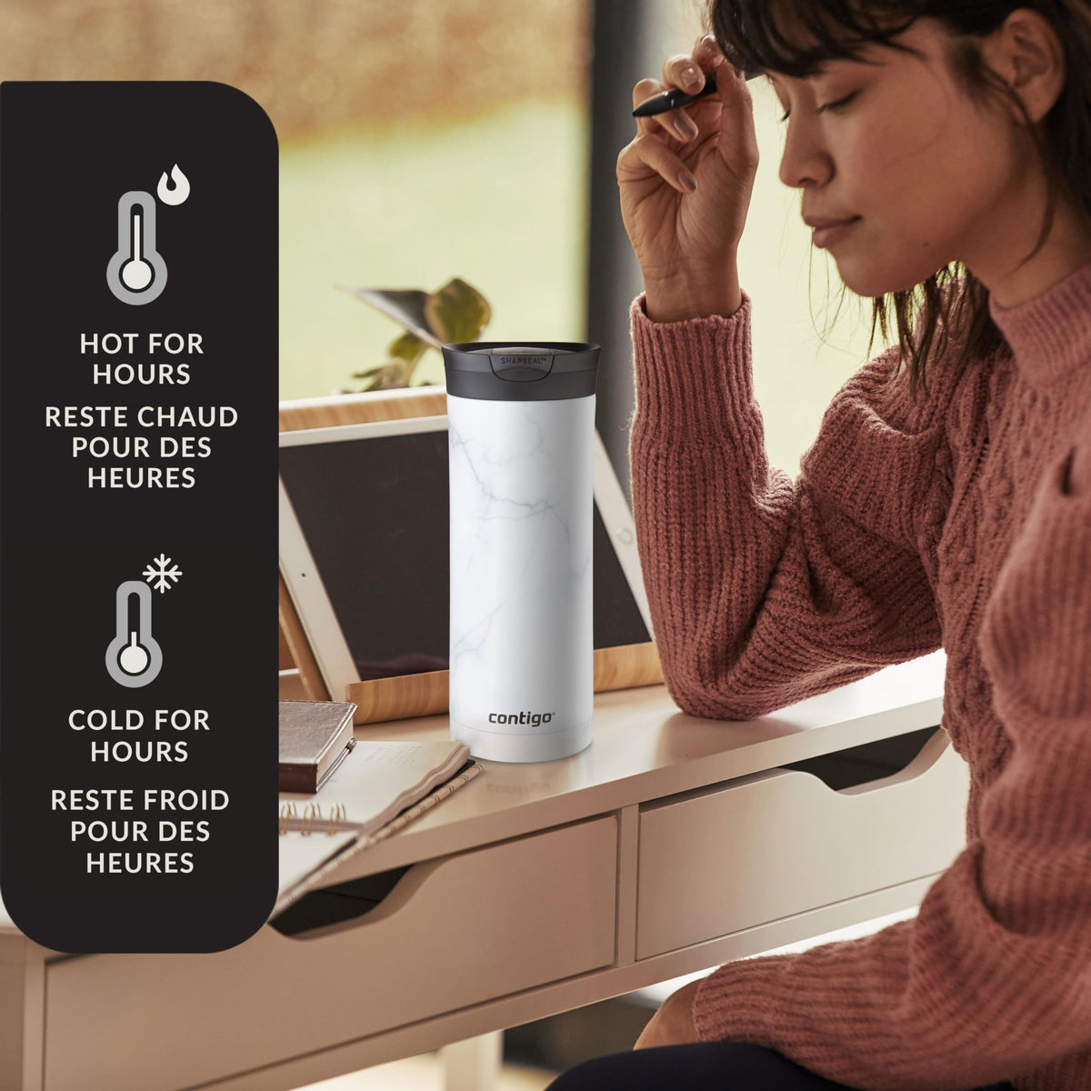Contigo Huron 2.0 Couture Stainless Steel Travel Tumbler, Vacuum-Insulated Metal Tumbler for Coffee and Tea with Leak-Proof Lid, White Marble, 20 oz (591 mL) 🍁 All In One Marketplace Canada