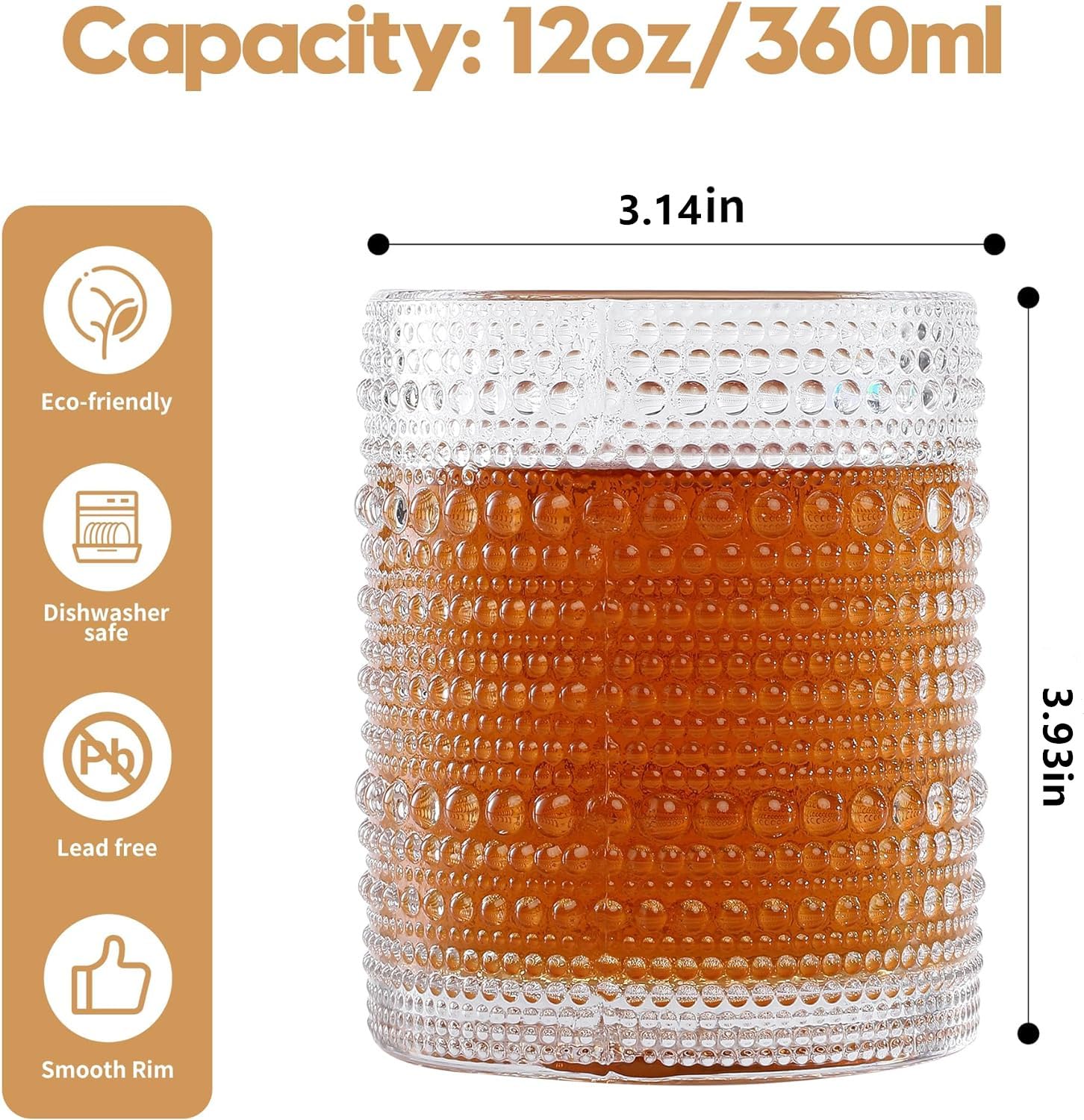 HomeVogue Hobnail Drinking Glasses Set of 6,12 oz Vintage Glassware Set Cocktail Glass Set, Embossed Clear Water Tumbler,for Beer, Whiskey,Juice and Various Mixed Drinks (Clear) 🍁 All In One Marketplace Canada