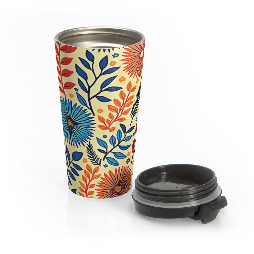 Colorful Floral Pattern Stainless Steel Travel Mug | Blue Orange Botanicals