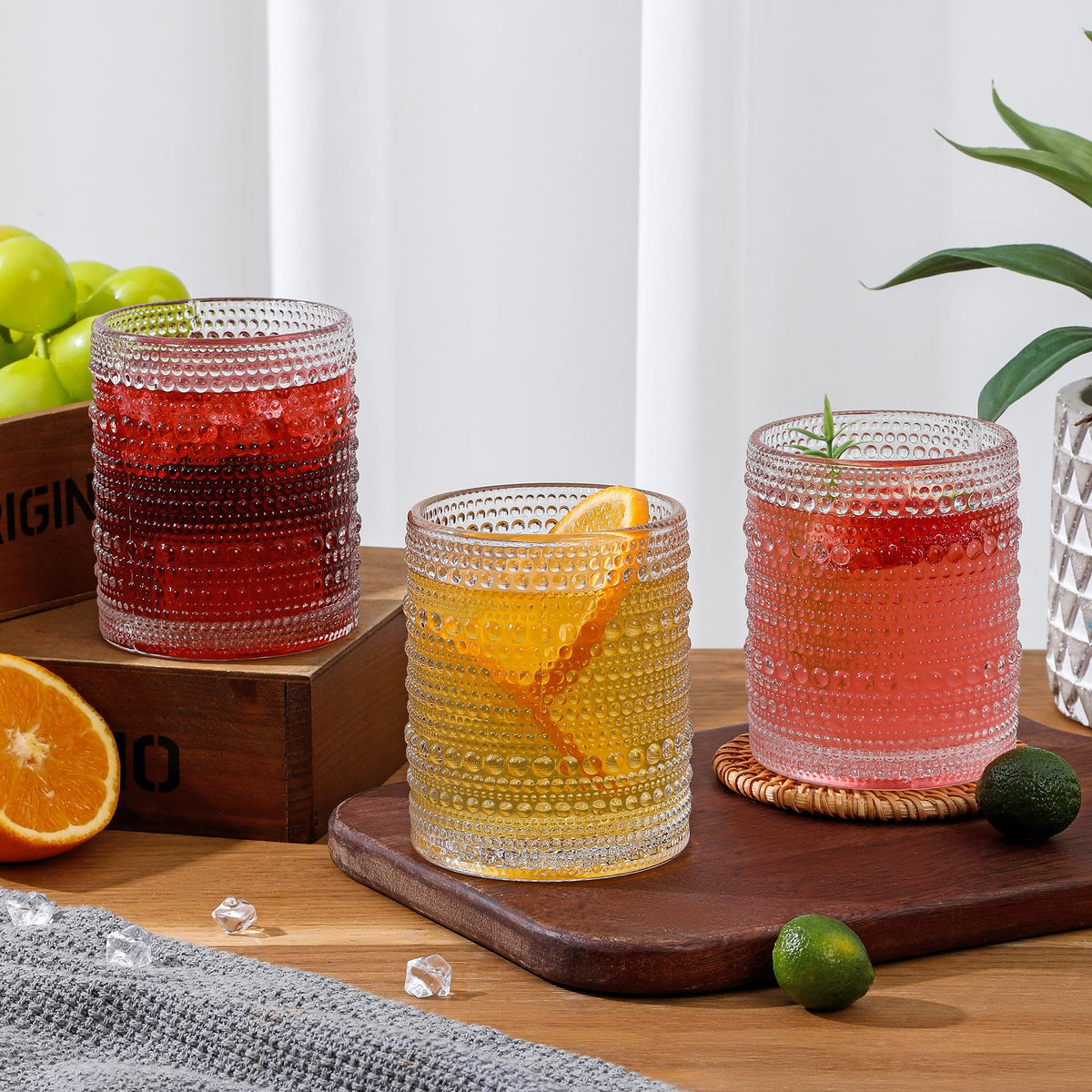 HomeVogue Hobnail Drinking Glasses Set of 6,12 oz Vintage Glassware Set Cocktail Glass Set, Embossed Clear Water Tumbler,for Beer, Whiskey,Juice and Various Mixed Drinks (Clear) 🍁 All In One Marketplace Canada