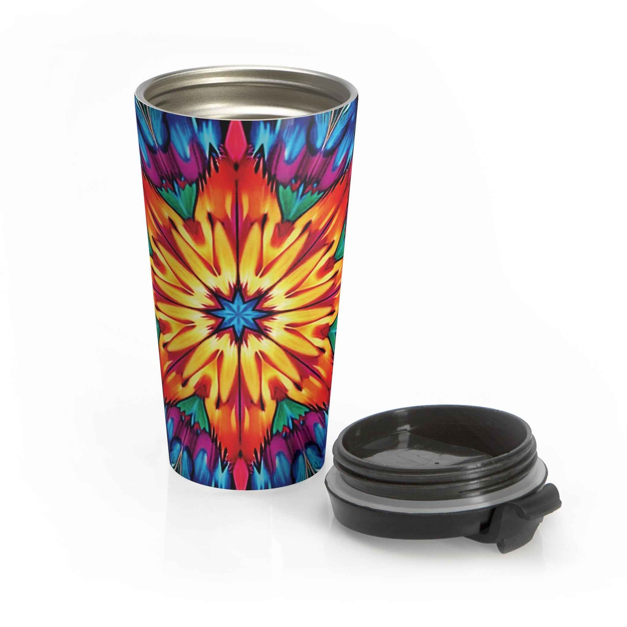 Kaleidoscope Star Stainless Steel Travel Mug — Colorful Mandala Insulated Tumbler