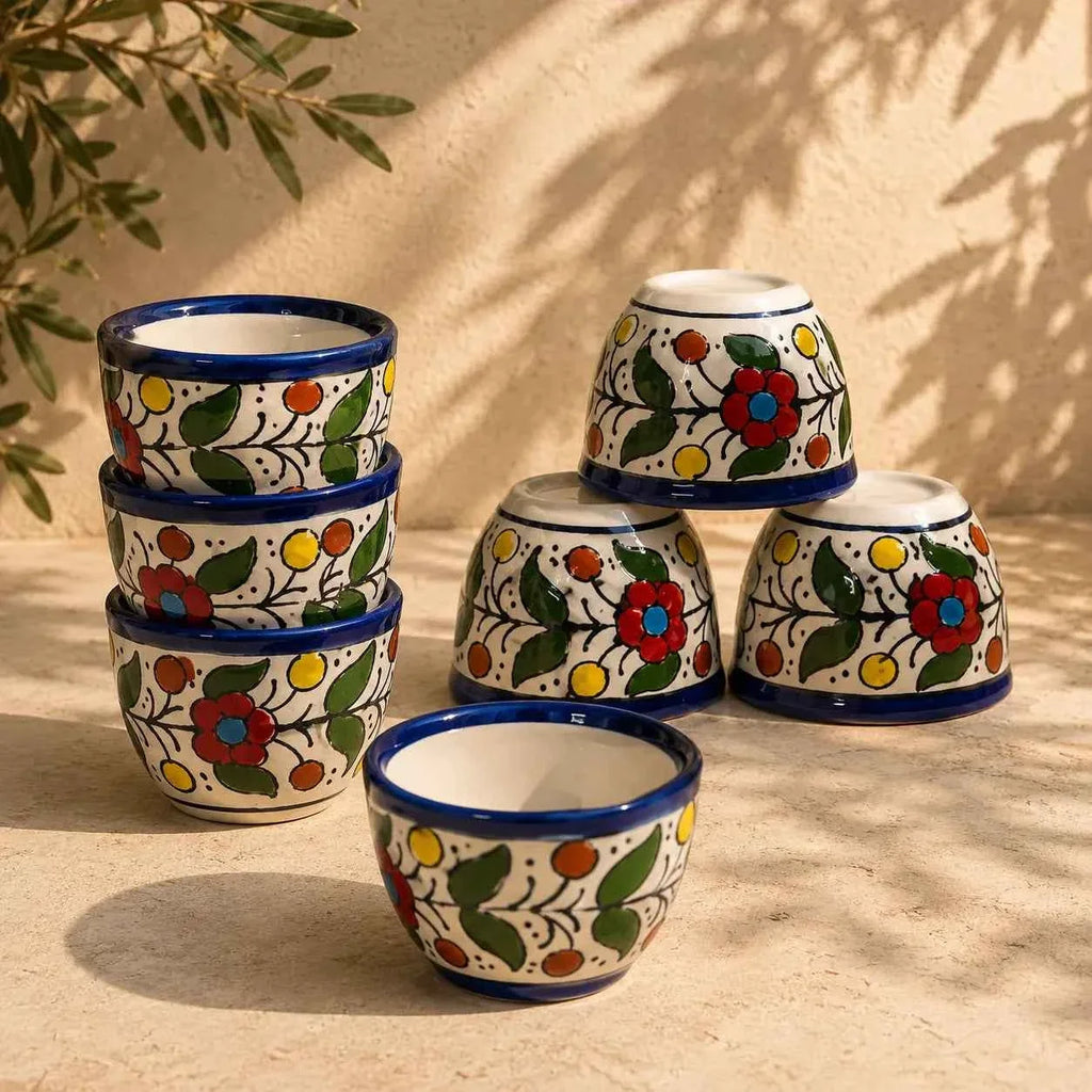Palestinian Sada Coffee Cups Set of 6 – Small Ceramic Arabic Coffee Cups (2.5 × 2 in)